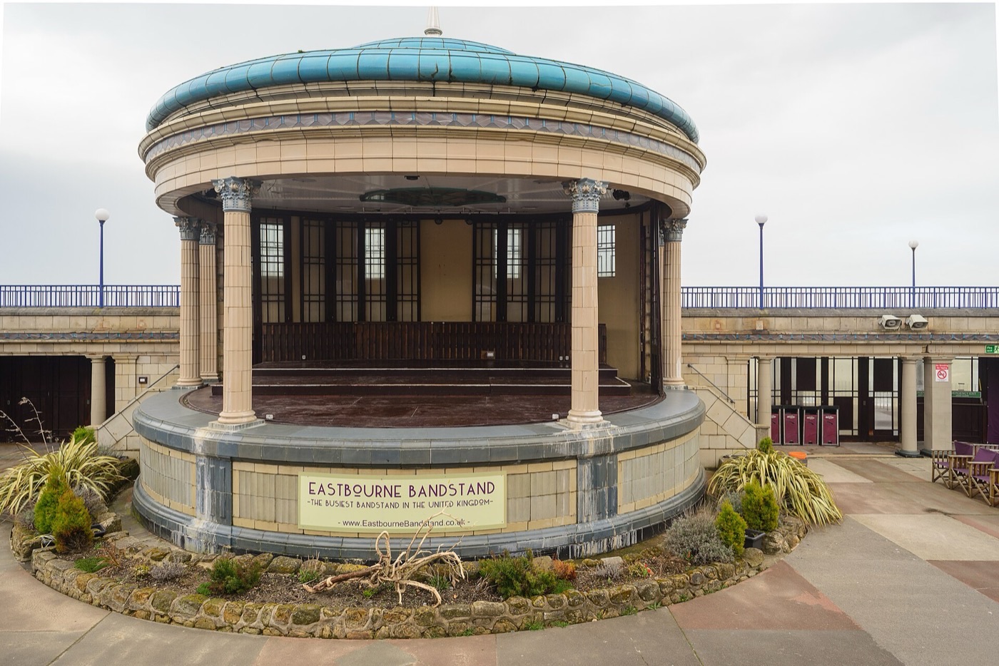 The Eastbourne Bandstand with its blue-tiled dome on the seafront
